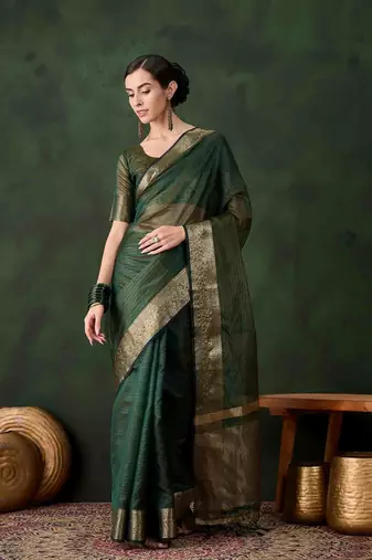 green jacquard design poly cotton saree with unstitched blouse piece