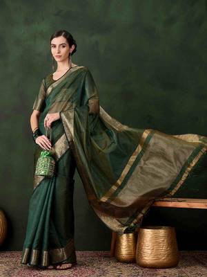 green jacquard design poly cotton saree with unstitched blouse piece 2