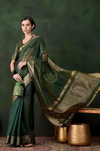 green jacquard design poly cotton saree with unstitched blouse piece