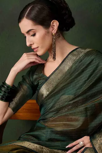 green jacquard design poly cotton saree with unstitched blouse piece