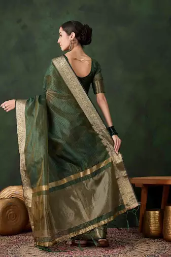 green jacquard design poly cotton saree with unstitched blouse piece