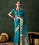 teal jacquard design poly cotton saree with unstitched blouse piece