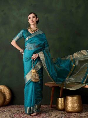 teal jacquard design poly cotton saree with unstitched blouse piece 2