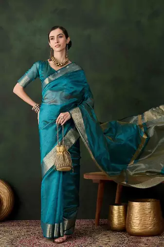 teal jacquard design poly cotton saree with unstitched blouse piece
