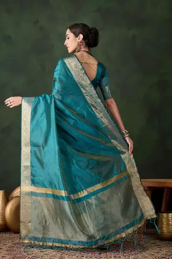 teal jacquard design poly cotton saree with unstitched blouse piece