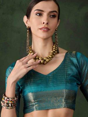 teal jacquard design poly cotton saree with unstitched blouse piece 5