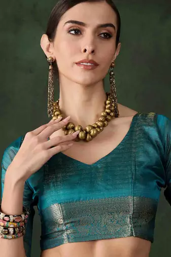 teal jacquard design poly cotton saree with unstitched blouse piece