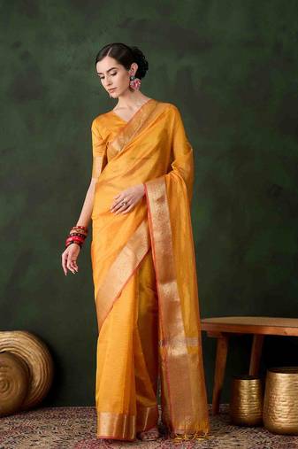 yellow jacquard design poly cotton saree with unstitched blouse piece