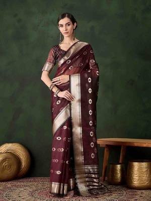 burgundy jacquard design poly cotton saree with unstitched blouse piece 1