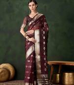 burgundy jacquard design poly cotton saree with unstitched blouse piece