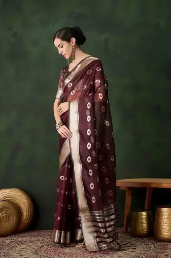 burgundy jacquard design poly cotton saree with unstitched blouse piece