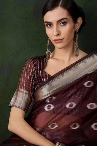 burgundy jacquard design poly cotton saree with unstitched blouse piece