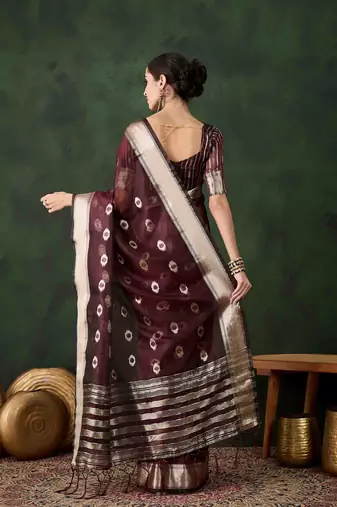 burgundy jacquard design poly cotton saree with unstitched blouse piece
