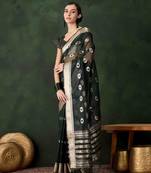 green jacquard design poly cotton saree with unstitched blouse piece