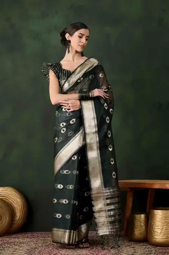 green jacquard design poly cotton saree with unstitched blouse piece