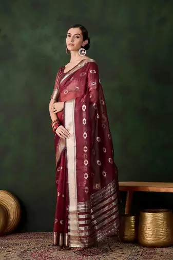 maroon jacquard design poly cotton saree with unstitched blouse piece