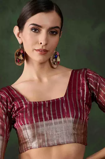 maroon jacquard design poly cotton saree with unstitched blouse piece