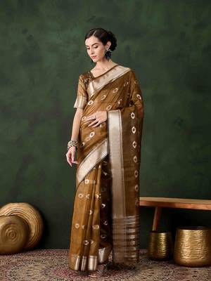 mustard jacquard design poly cotton saree with unstitched blouse piece 1