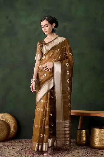 mustard jacquard design poly cotton saree with unstitched blouse piece