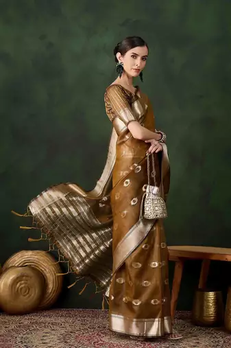 mustard jacquard design poly cotton saree with unstitched blouse piece