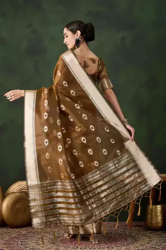 mustard jacquard design poly cotton saree with unstitched blouse piece