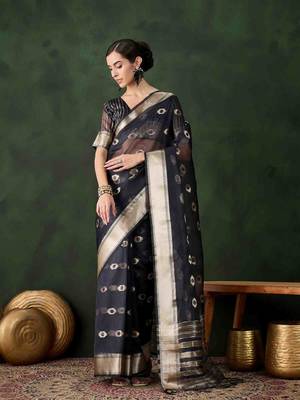 navy blue jacquard design poly cotton saree with unstitched blouse piece 1