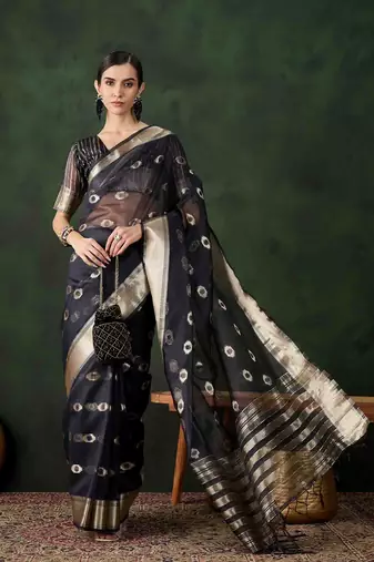 navy blue jacquard design poly cotton saree with unstitched blouse piece