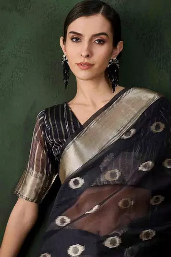 navy blue jacquard design poly cotton saree with unstitched blouse piece