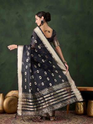 navy blue jacquard design poly cotton saree with unstitched blouse piece 4
