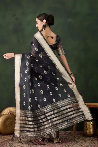 navy blue jacquard design poly cotton saree with unstitched blouse piece