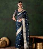 teal jacquard design poly cotton saree with unstitched blouse piece