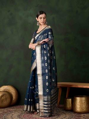 teal jacquard design poly cotton saree with unstitched blouse piece 2