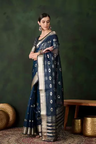 teal jacquard design poly cotton saree with unstitched blouse piece