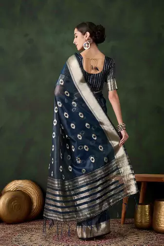 teal jacquard design poly cotton saree with unstitched blouse piece