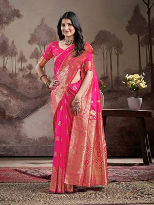 Pink lichi silk blend wevon rich pallu heavy partywear saree 5