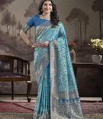 Blue lichi silk wevon rich pallu designer heavy partywear saree