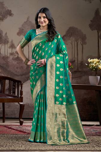 Sea green lichi silk wevon rich pallu designer heavy partywear saree