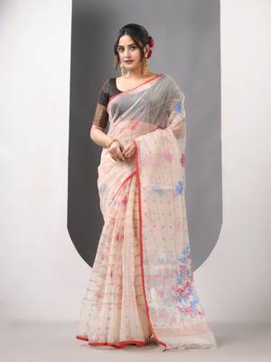 Beige muslin soft saree with jamdani designs 3