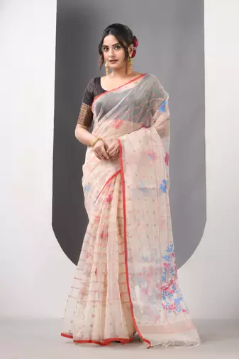 Beige muslin soft saree with jamdani designs