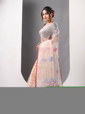 Beige muslin soft saree with jamdani designs 4