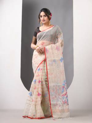 Beige muslin soft saree with jamdani designs 1