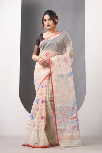 Beige muslin soft saree with jamdani designs