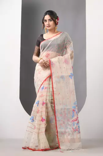 Beige muslin soft saree with jamdani designs