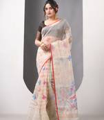 Beige muslin soft saree with jamdani designs