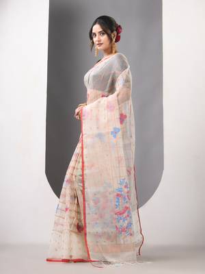Beige muslin soft saree with jamdani designs 2
