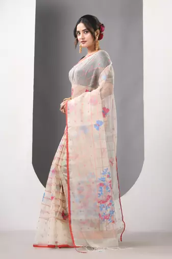 Beige muslin soft saree with jamdani designs