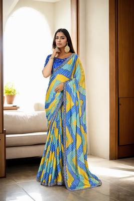 Blue chinon c printed saree with embroidered blouse 1
