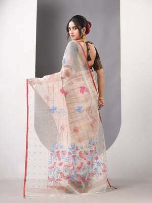 Beige muslin soft saree with jamdani designs 4