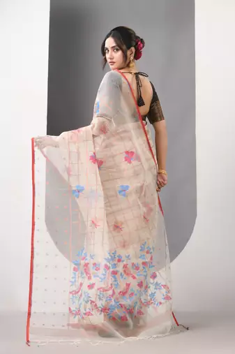 Beige muslin soft saree with jamdani designs