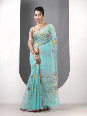 Sea green muslin soft saree with jamdani designs 1